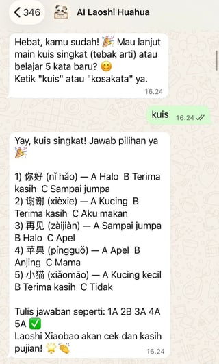 Screenshot of a chat conversation in Indonesian about learning Chinese characters with multiple choice questions and answers