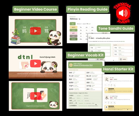 Collection of Chinese language learning materials including video courses, reading guides, vocabulary kits, and starter guides with instructional cards