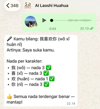 Chinese language lesson showing pronunciation of I like you phrase with tone marks and character breakdown in a chat interface