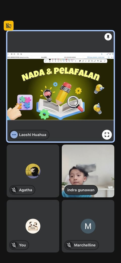 Video conference screen showing Nada & Pelafalan presentation with host Laoshi Huahua and four participants: Agatha, indra gunawan, You, and Marchelline