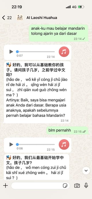 WhatsApp conversation between user and Al Laoshi Huahua about Mandarin language learning with voice message exchanges